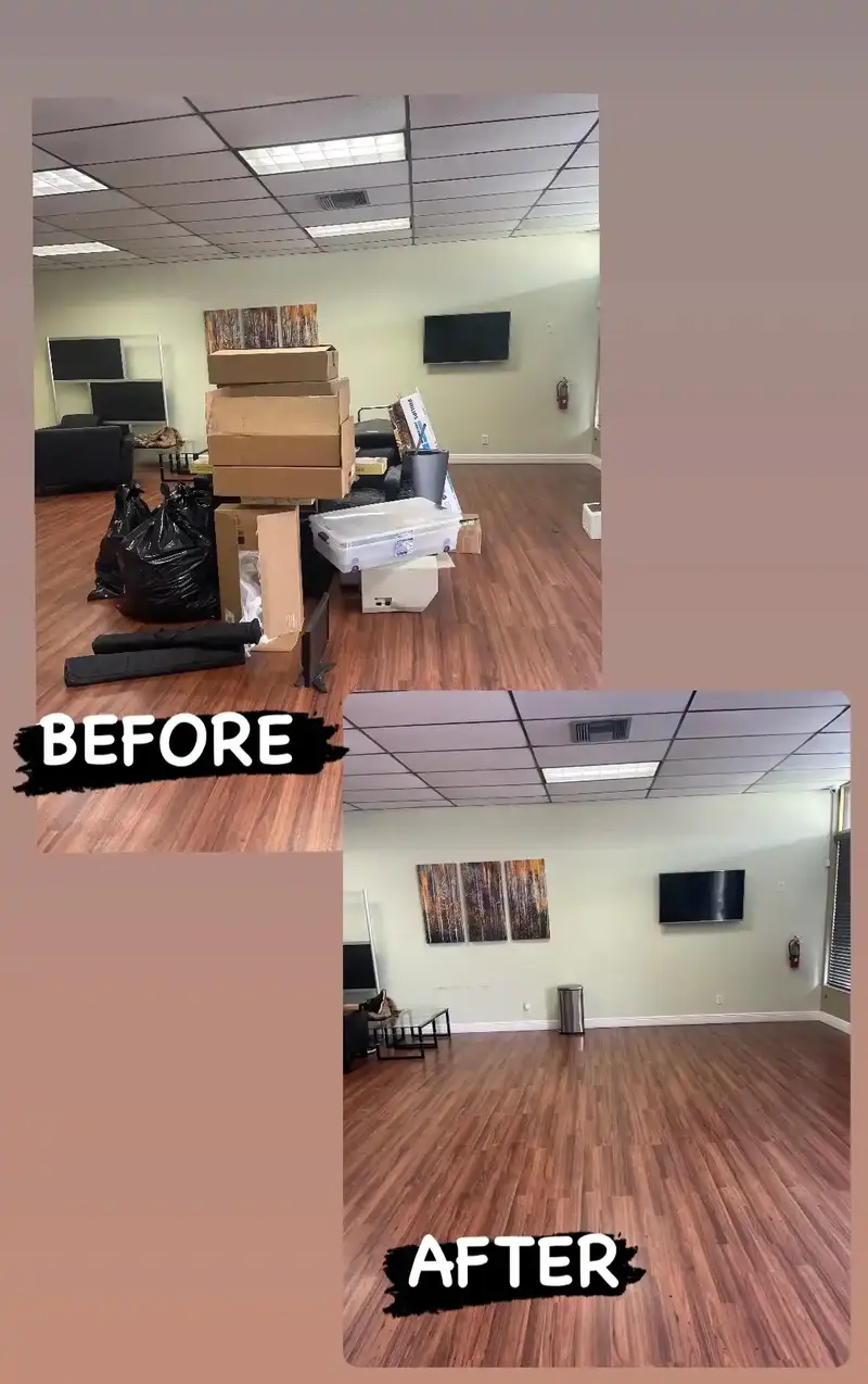 Before and after of a commercial office space: from cluttered with moving boxes and trash to clean, empty, and ready for business