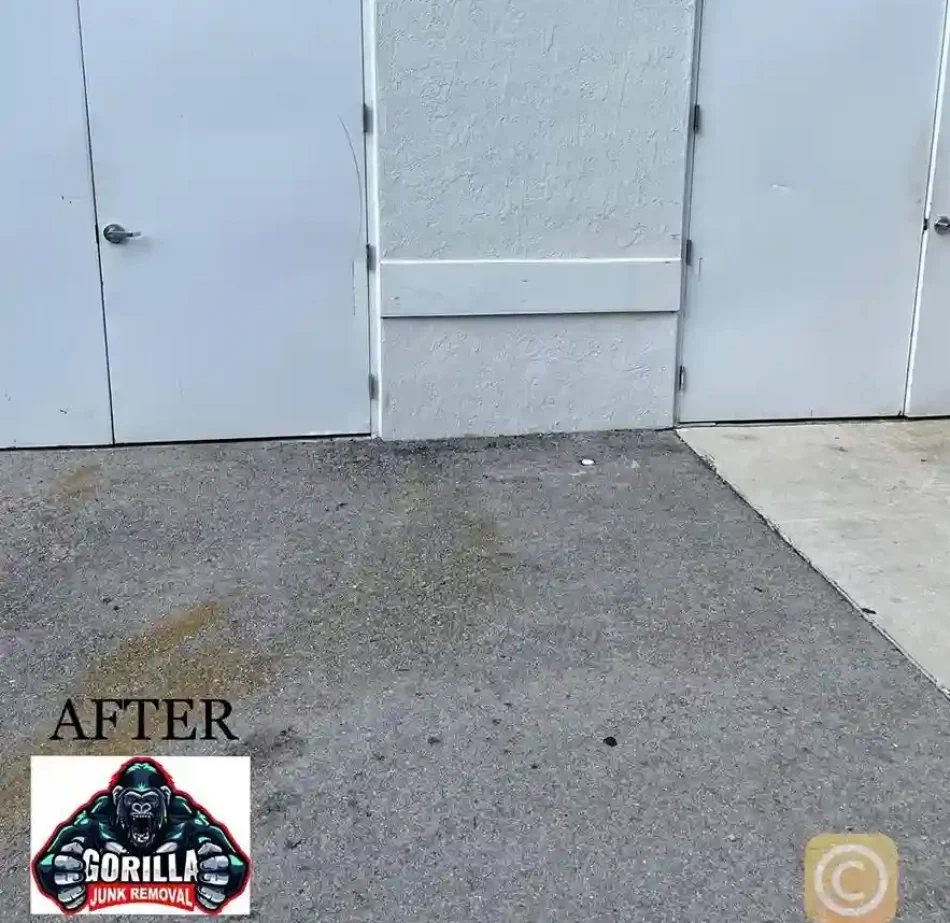 Clean, empty concrete area outside commercial doors after junk removal service cleared away bulky furniture and debris