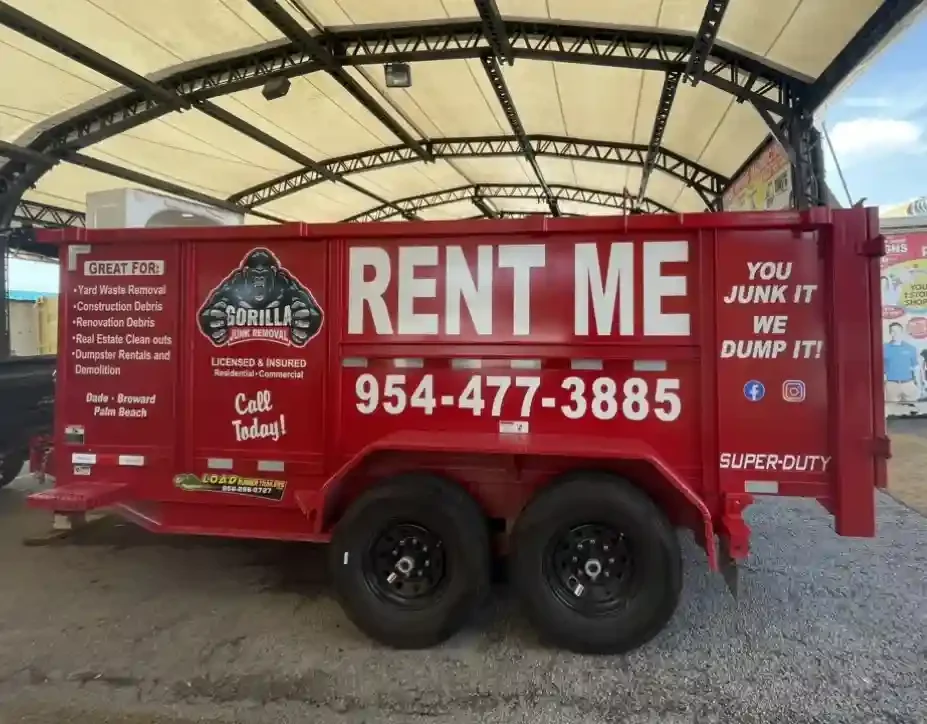 Red Gorilla Junk Removal super-duty rental dumpster for yard waste, construction debris, and commercial cleanouts in South Florida